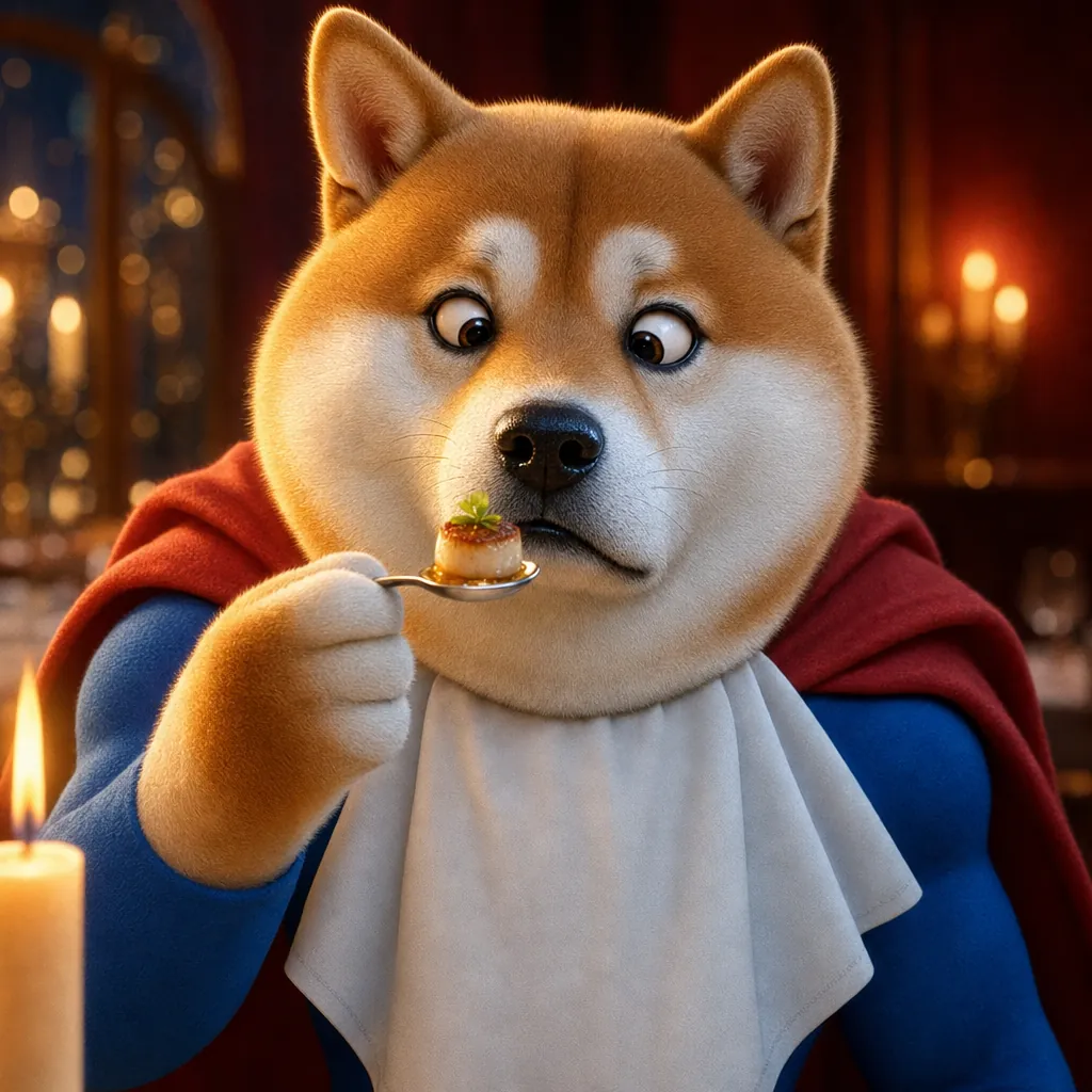 Supper Inu at the table with a white napkin on, looking cross-eyed at one tiny bite on a small spoon.