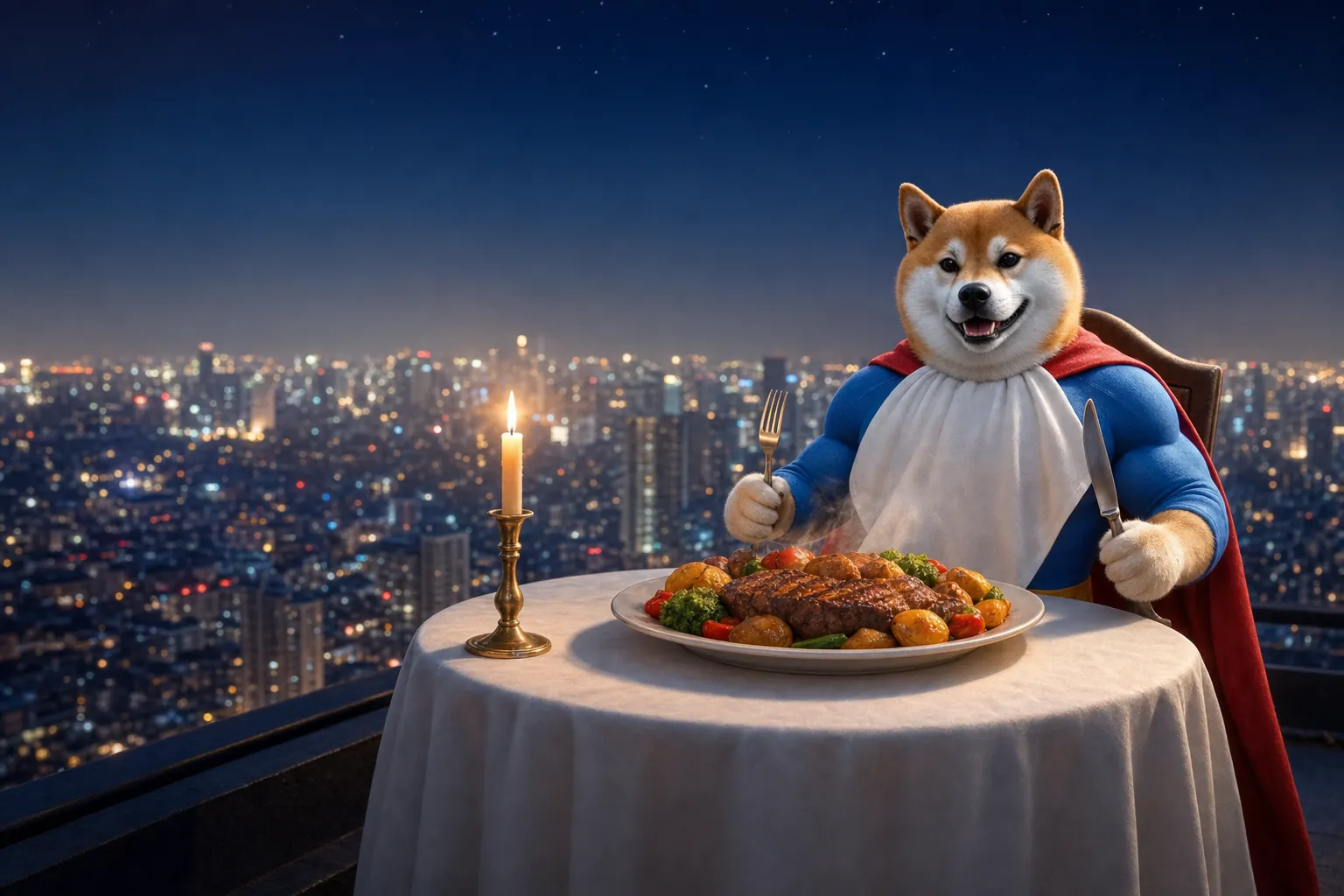 Supper Inu at a candle-lit table on a rooftop terrace at night, napkin tucked in, fork and knife up, a big steak with potatoes and greens in front of him and the lit-up city far below.