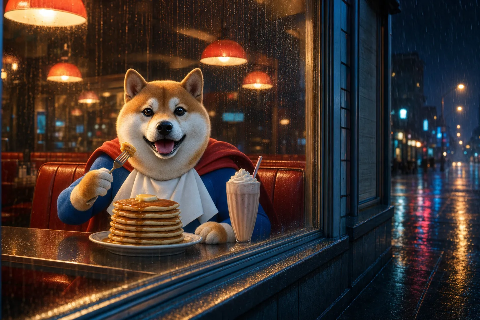 Later that night: the superhero shiba in a red diner booth with a tall stack of pancakes and a milkshake, rain on the window