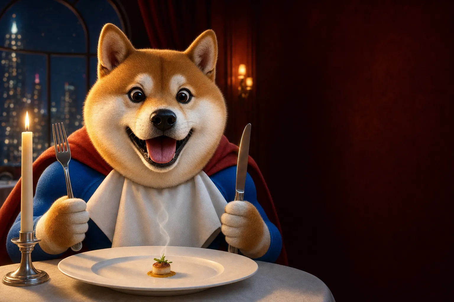 Supper Inu, a superhero shiba with a white napkin tucked into his suit, grinning at a tiny bite on a huge plate by candlelight, the night city in the window behind him.