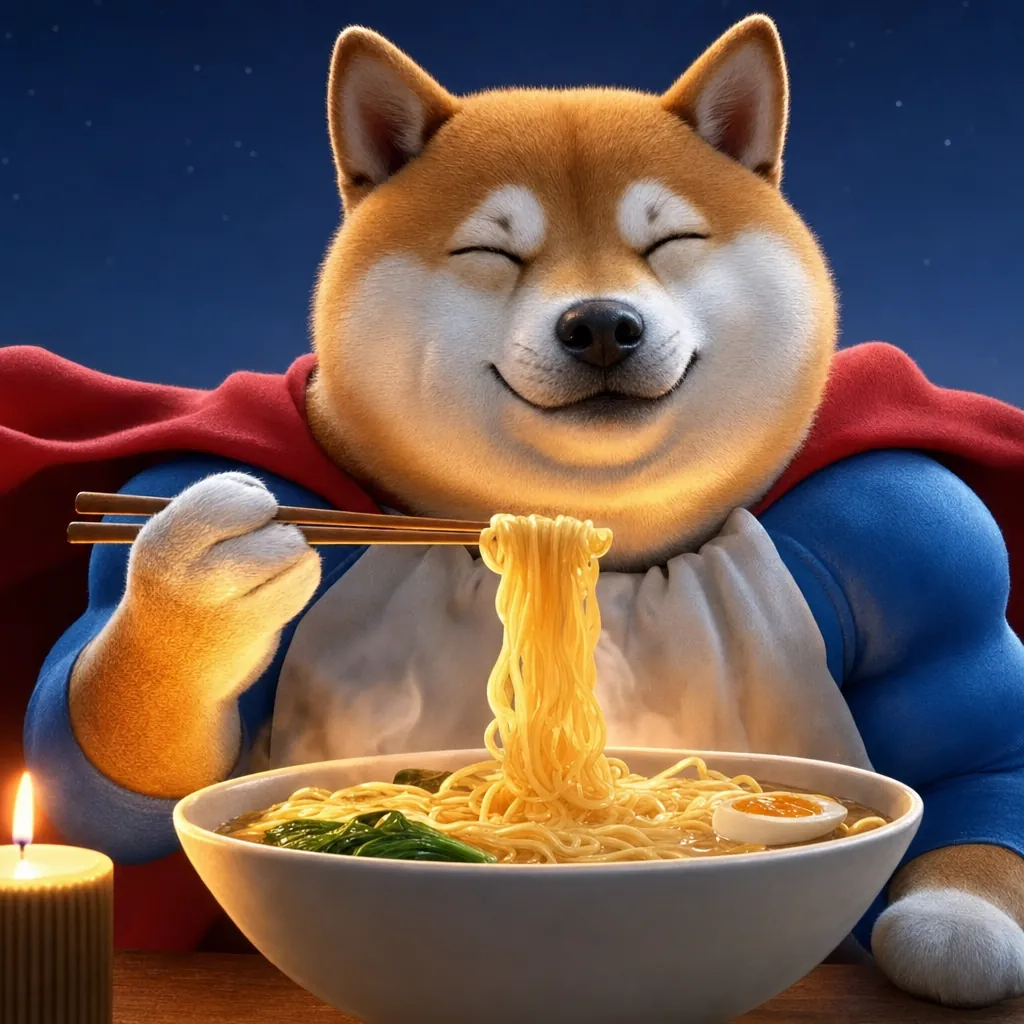 Supper Inu with his eyes closed, very happy, lifting a long pull of noodles from a big bowl with chopsticks.
