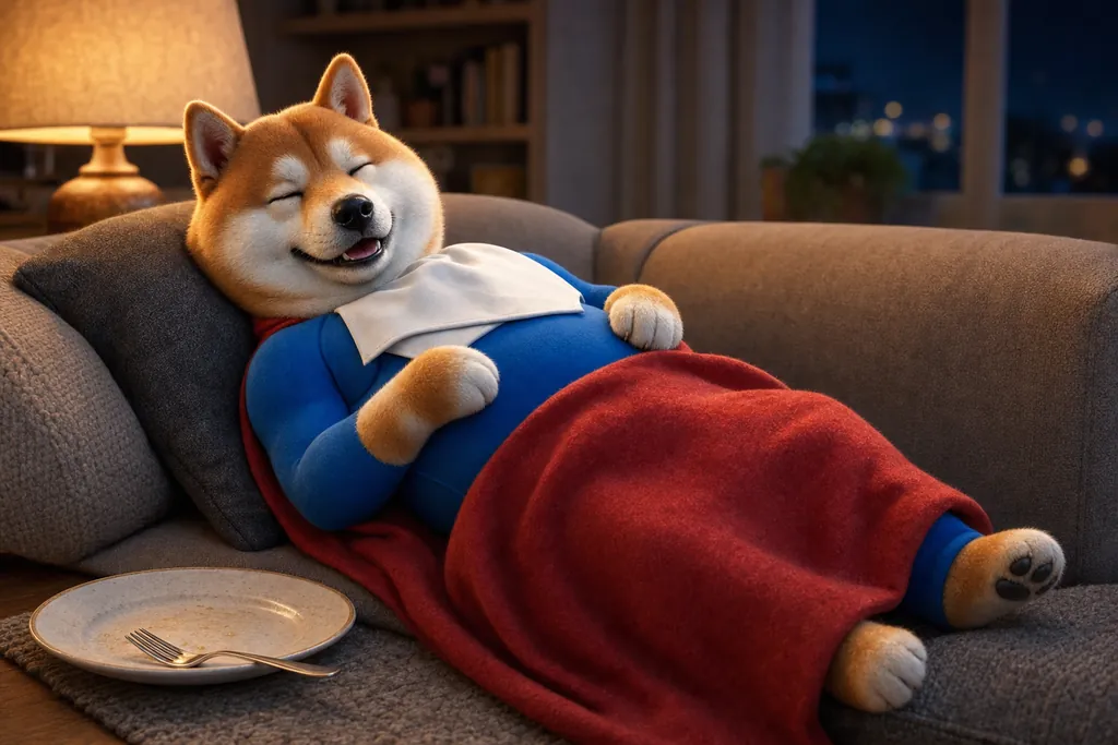 The shiba asleep on the sofa under his cape