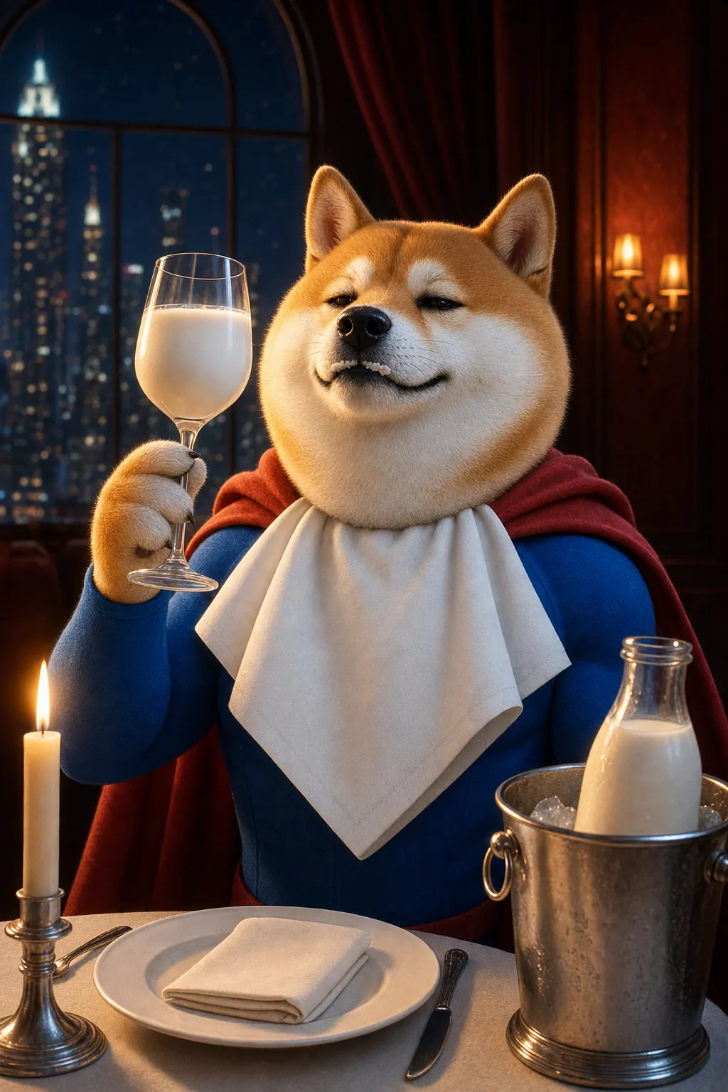 Supper Inu in his blue suit and white napkin, eyes half closed, raising a wine glass full of milk by candlelight. A bottle of milk waits on ice, and the night city shines in the arched window behind him.
