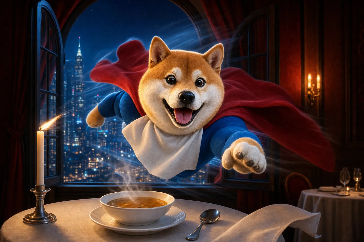 Supper Inu flying out of the restaurant window with his cape out, past a candle and his hot bowl of soup, the night city behind.